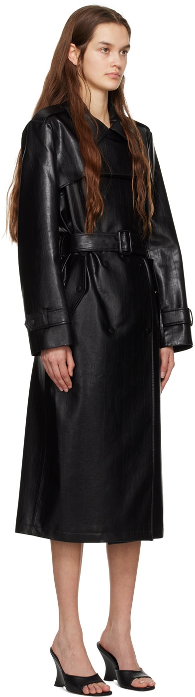 DRAE Black Layered-Wing Faux-Leather Trench Coat