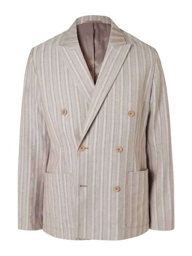 Photo: NN07 - Jordin 10058 Double-Breasted Striped Cotton-Blend Herringbone Blazer - Brown