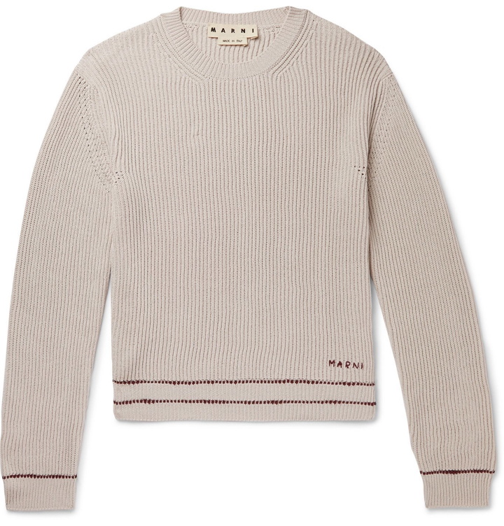 Photo: Marni - Stripe-Trimmed Logo-Intarsia Ribbed Cotton Sweater - Neutrals