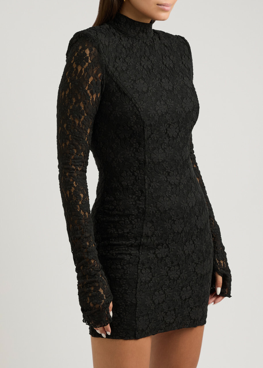 Rotate Sunday Lace-up Lace Mini Dress Black