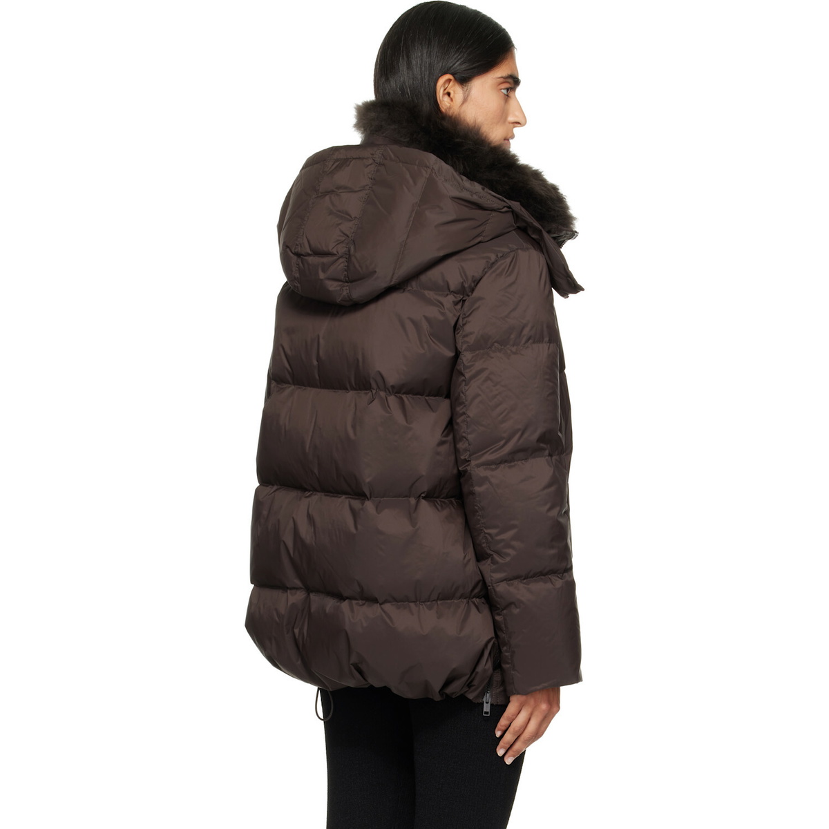 Yves Salomon Brown Waterproof Technical Lambswool Trim A-Line Down Jacket
