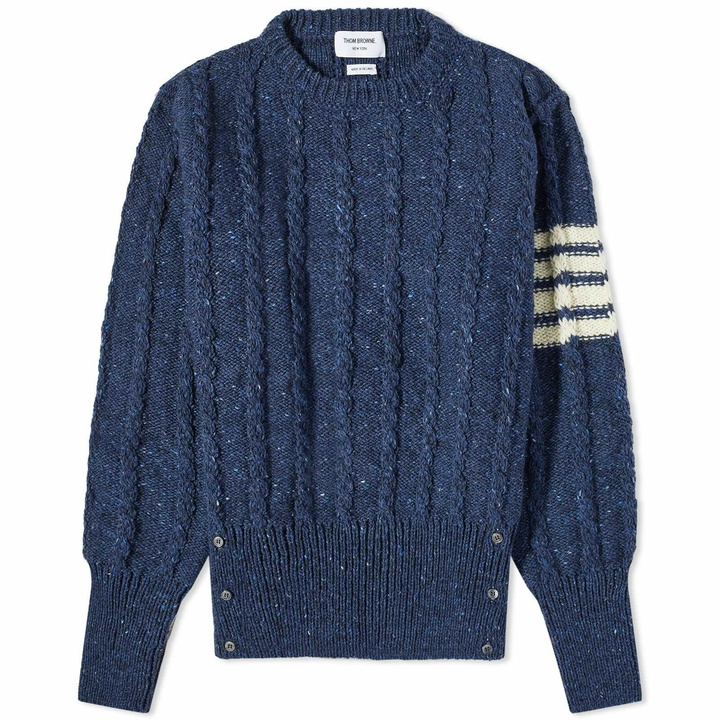 Photo: Thom Browne Men's 4 Bar Donegal Cable Crew Knit in Blue