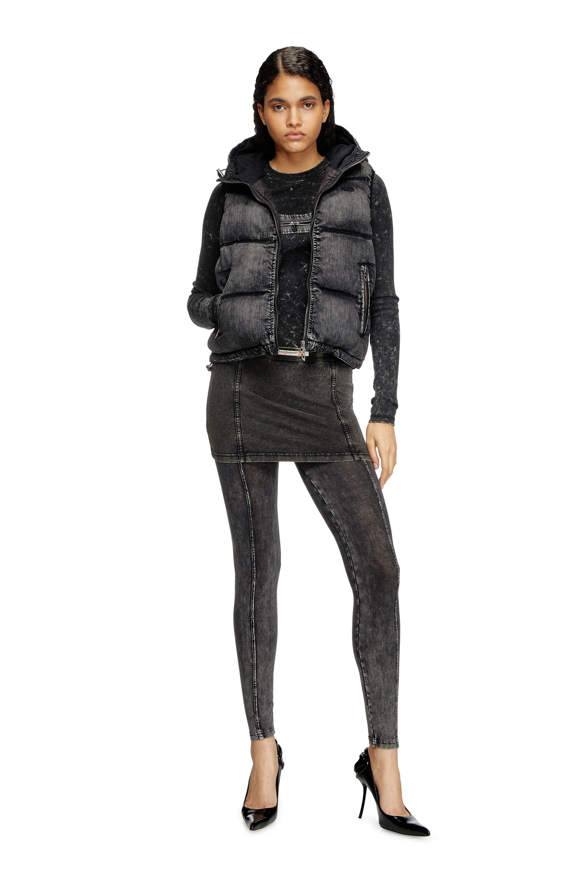 Diesel Hooded puffer vest in faded denim - Winter Jackets
