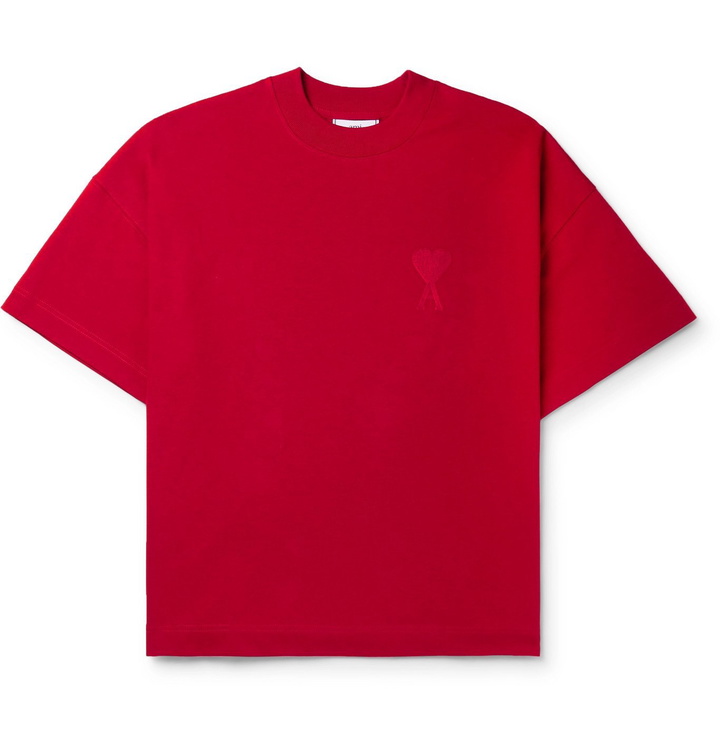 Photo: AMI - Logo-Embroidered Cotton-Jersey T-Shirt - Red