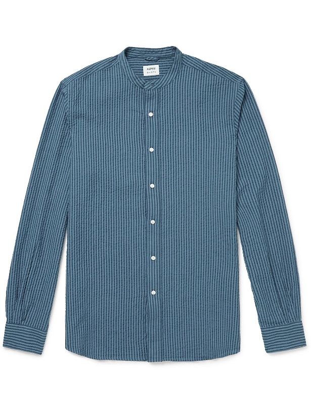 Photo: Aspesi - Slim-Fit Grandad-Collar Striped Cotton-Seersucker Shirt - Blue