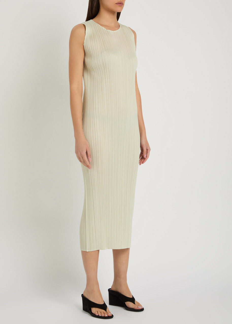 Pleats Please Issey Miyake Pleated Woven Midi Dress Ivory
