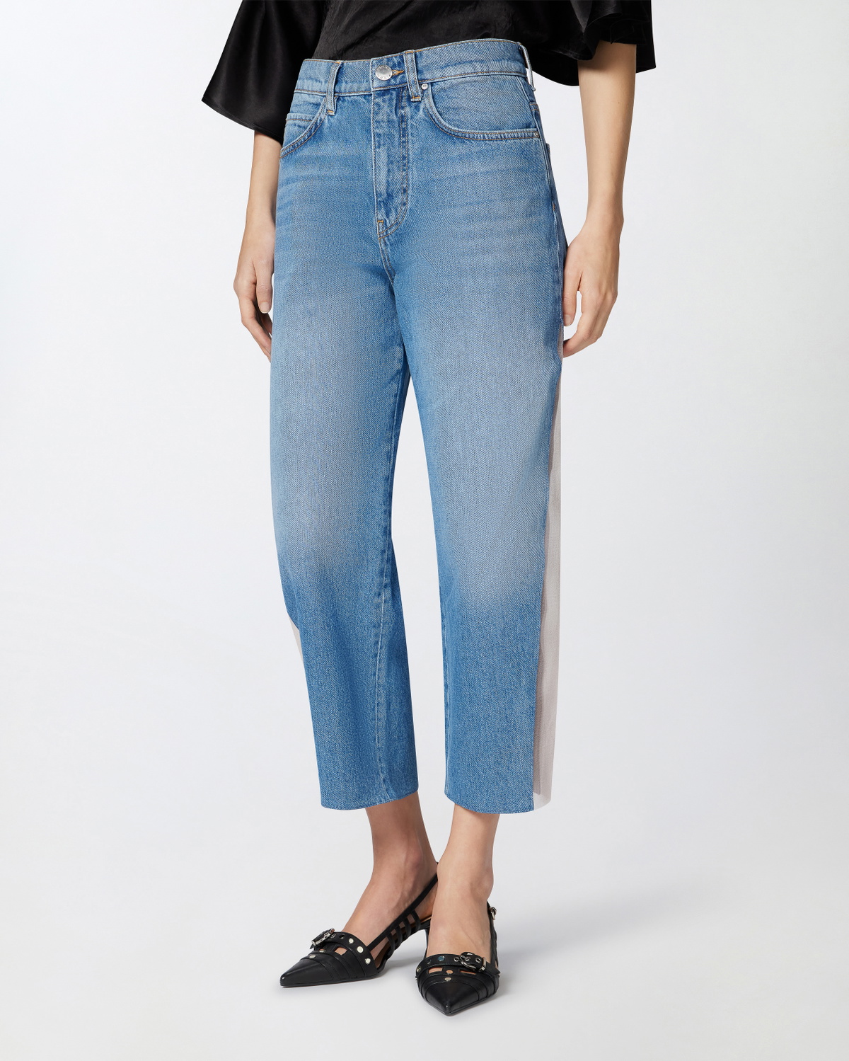 Pinko Mom Fit Jeans With Sheer Organza Inserts Light Vintage Wash