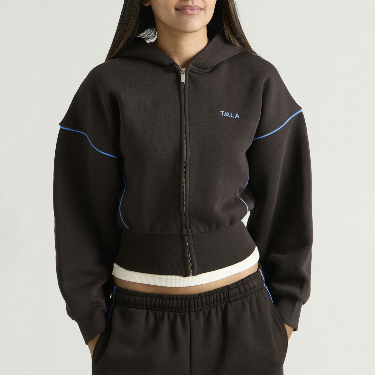 TALA Women's Piped Cocoon Zip Through Hoodie in Americano