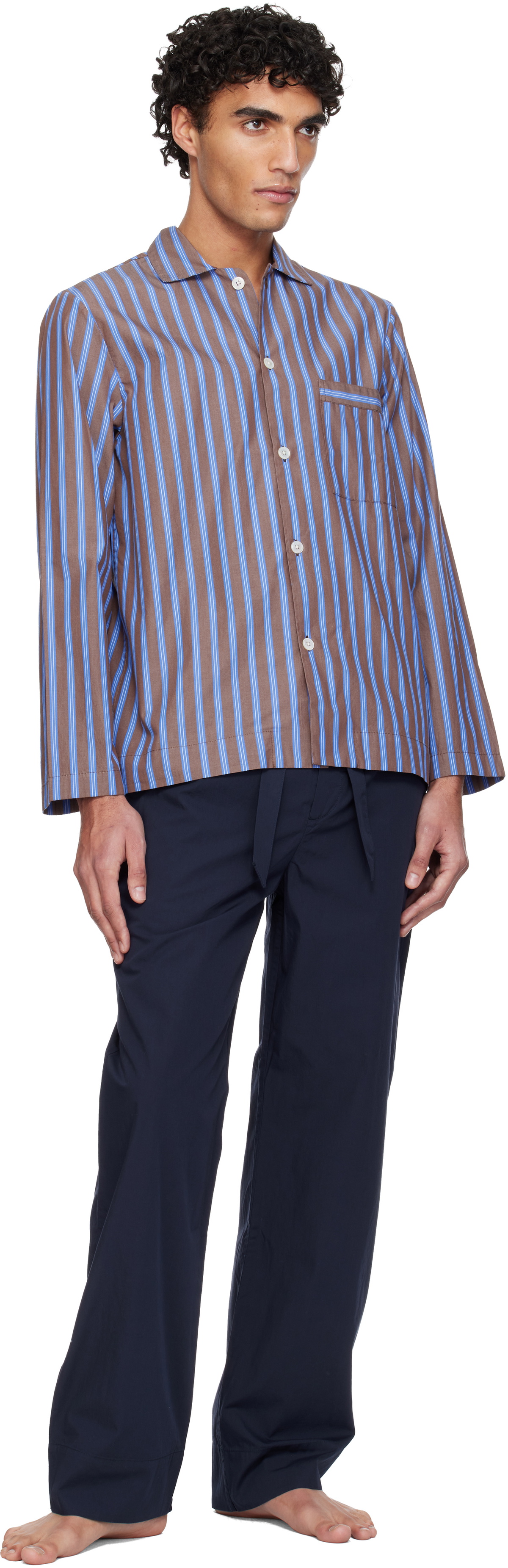 Tekla Brown & Blue Poplin Long-Sleeved Pyjama Shirt
