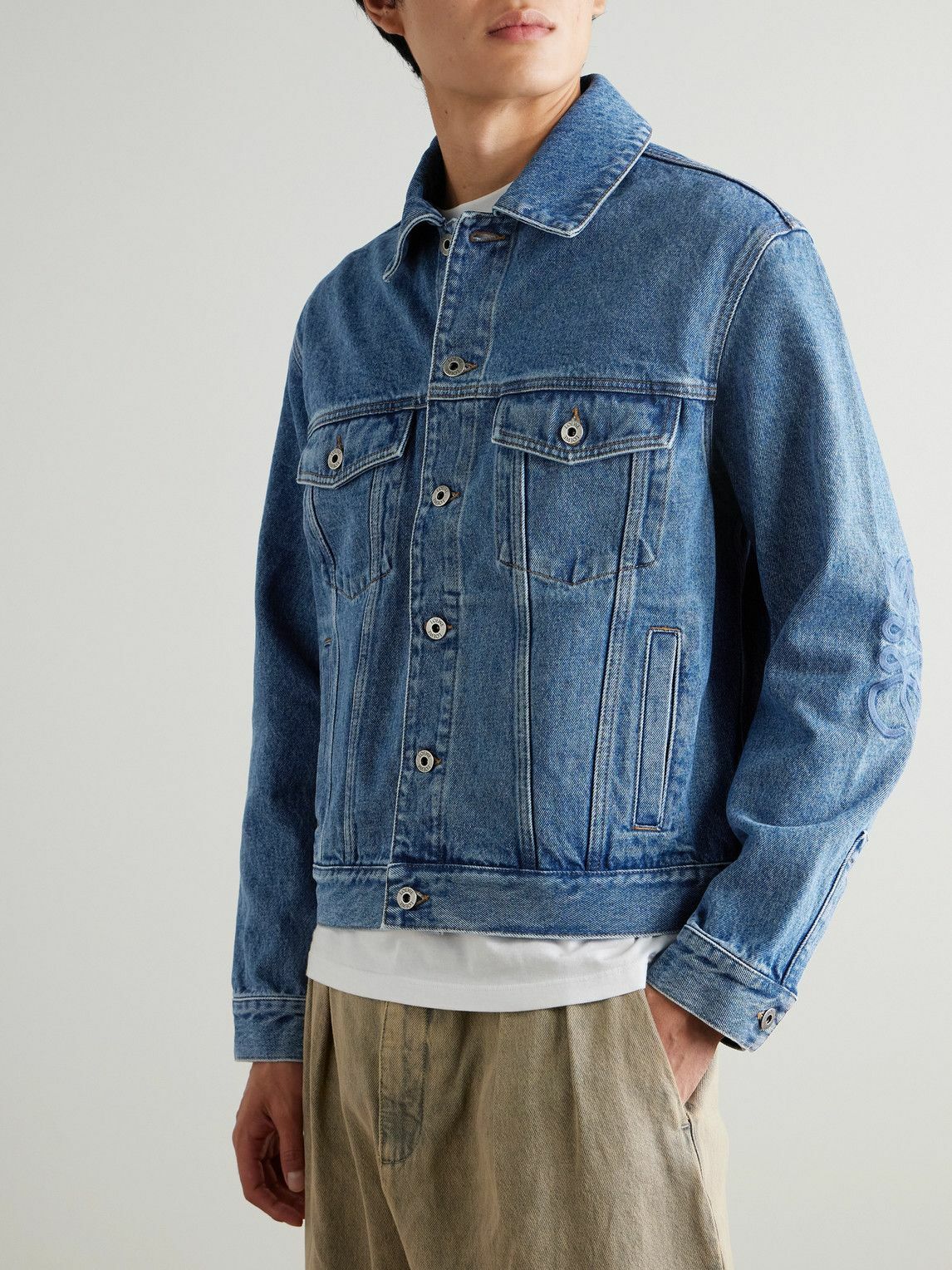 LOEWE - Anagram Leather-Trimmed Embroidered Denim Trucker Jacket - Blue