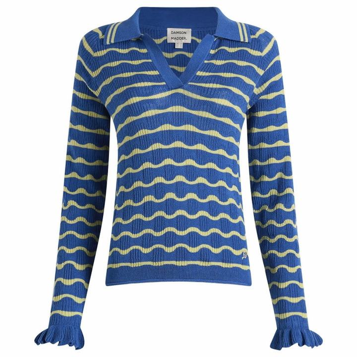 Photo: Damson Madder Women's Silvia Cotton Merino Blend Polo Jumper in Blue