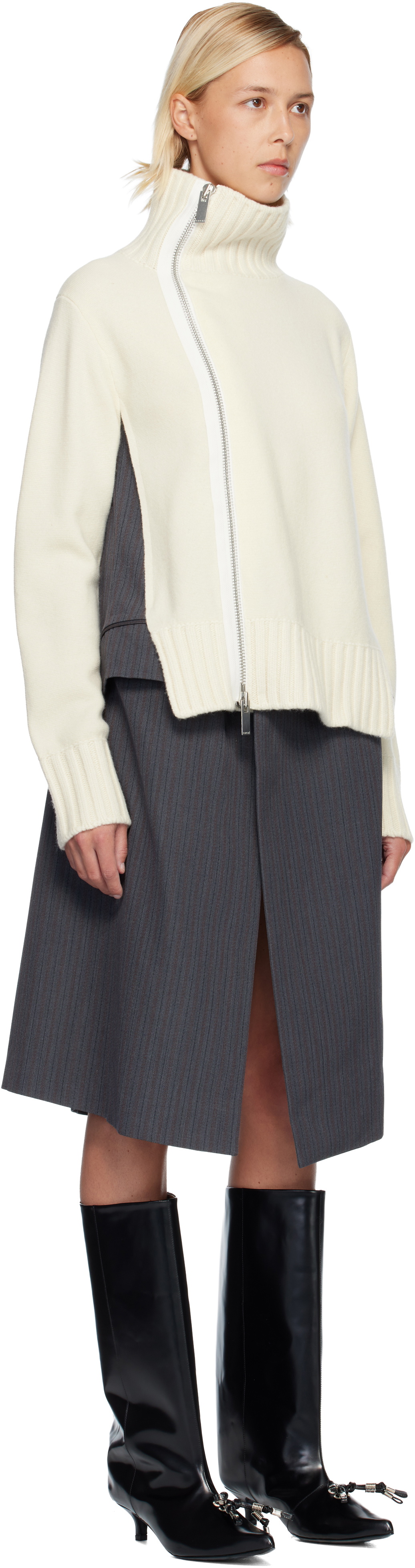 sacai Off-White Stripe Doeskin & Wool Knit Midi Dress