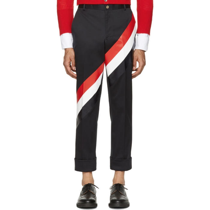 Photo: Thom Browne Navy Diagonal Stripe Unconstructed Chinos