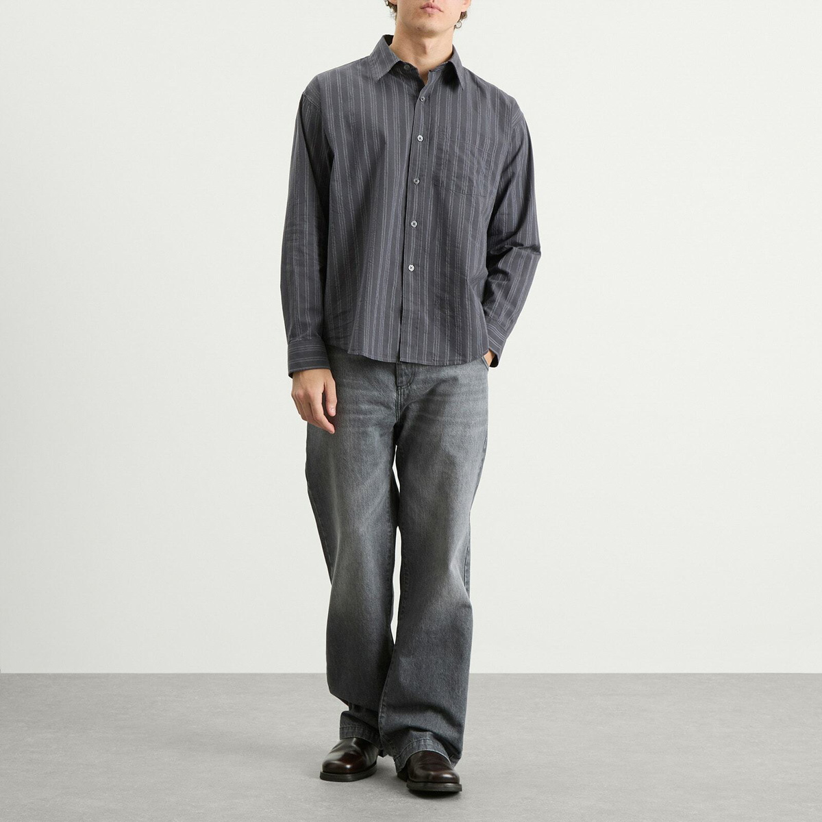 mfpen Men's Executive Shirt in Dark Grey Double Stripe mfpen
