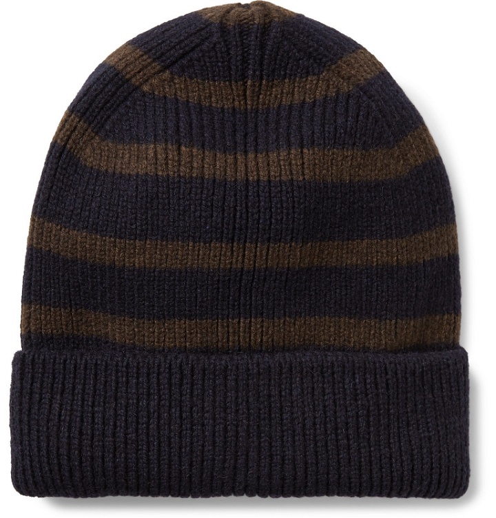 Photo: Universal Works - Striped Ribbed Wool-Blend Beanie - Blue