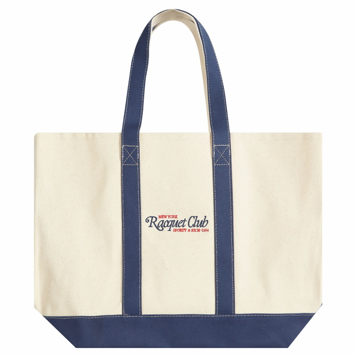 Photo: Sporty & Rich Men's 94 Racquet Club Two Tone Tote Bag in Natural/Navy/Bright Red 