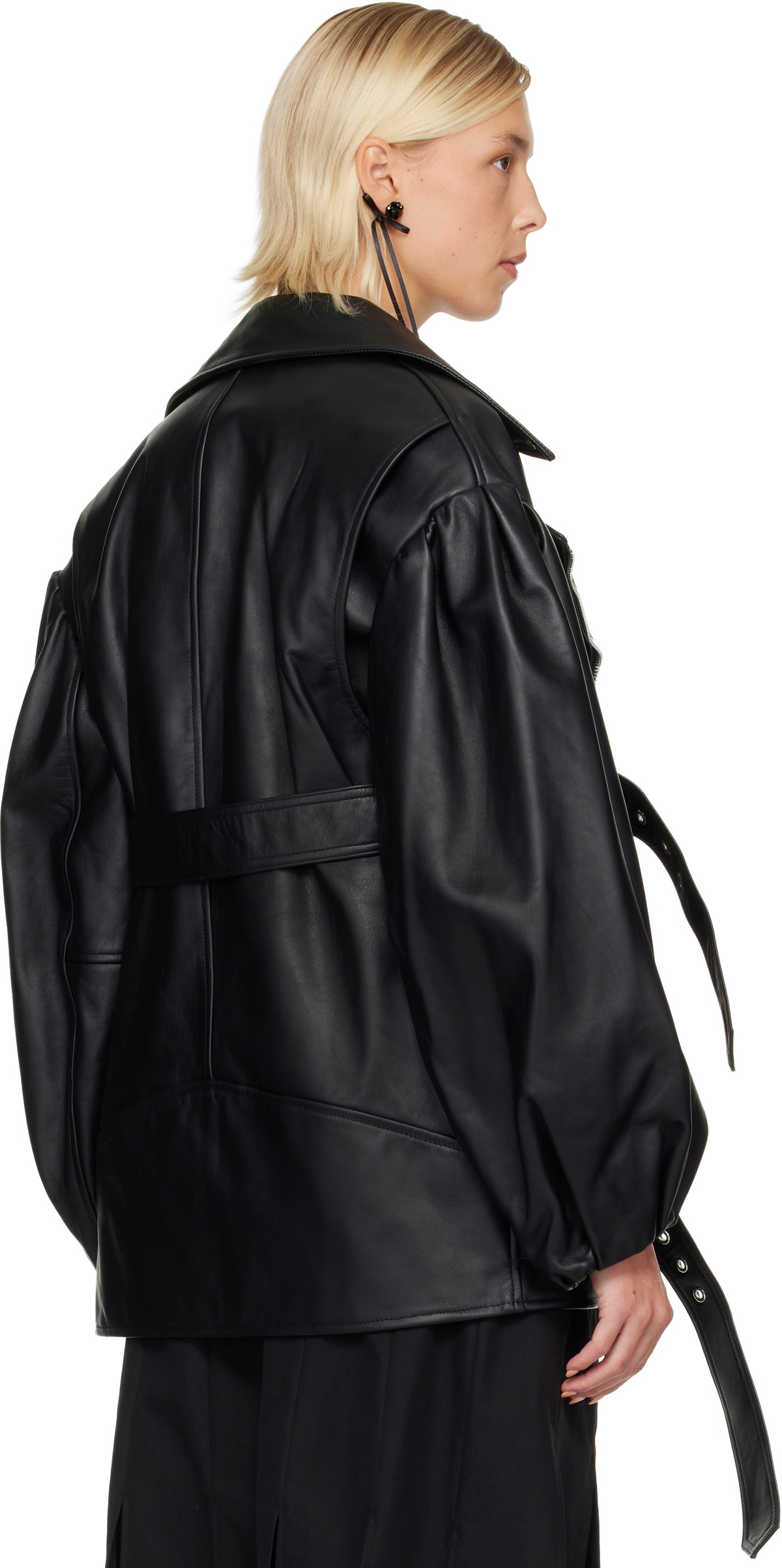 Simone Rocha Black Puff Sleeve Multi Belt Leather Biker Jacket