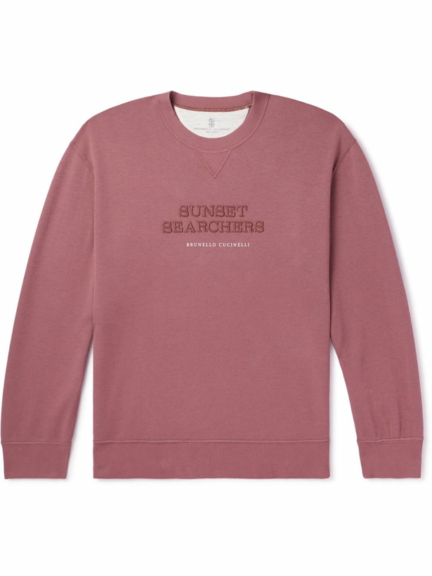 Photo: Brunello Cucinelli - Embroidered Logo-Print Cotton-Blend Jersey Sweatshirt - Pink