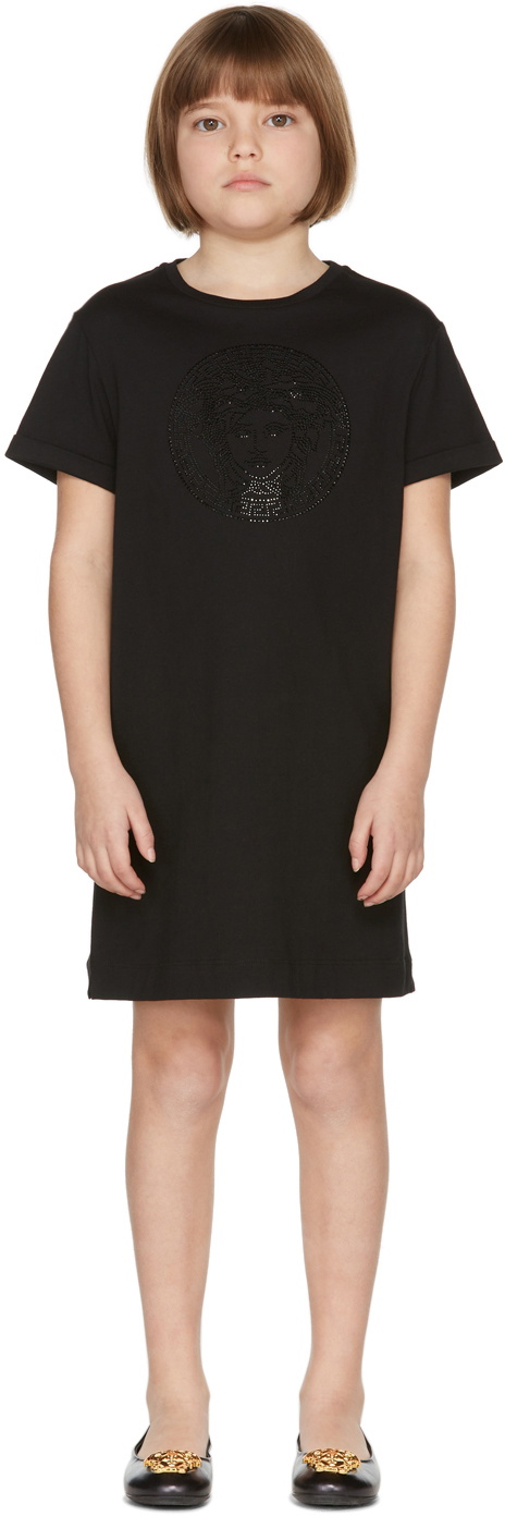 VERSACE KIDS コットンフリース スパンコール メドゥーサドレス Versace Kids Black Embellished Medusa T-Shirt Dress Versace