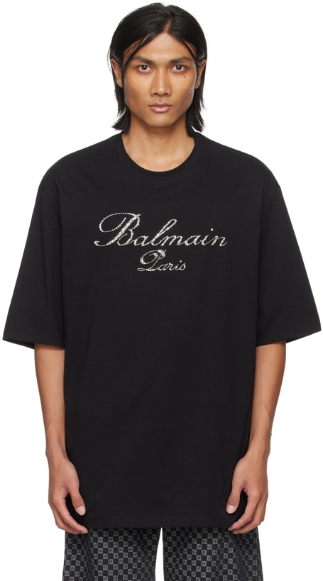 Photo: Balmain Black Crystal-Cut T-Shirt
