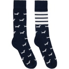 Thom Browne Navy Cotton 4-Bar Hector Mid Calf Socks