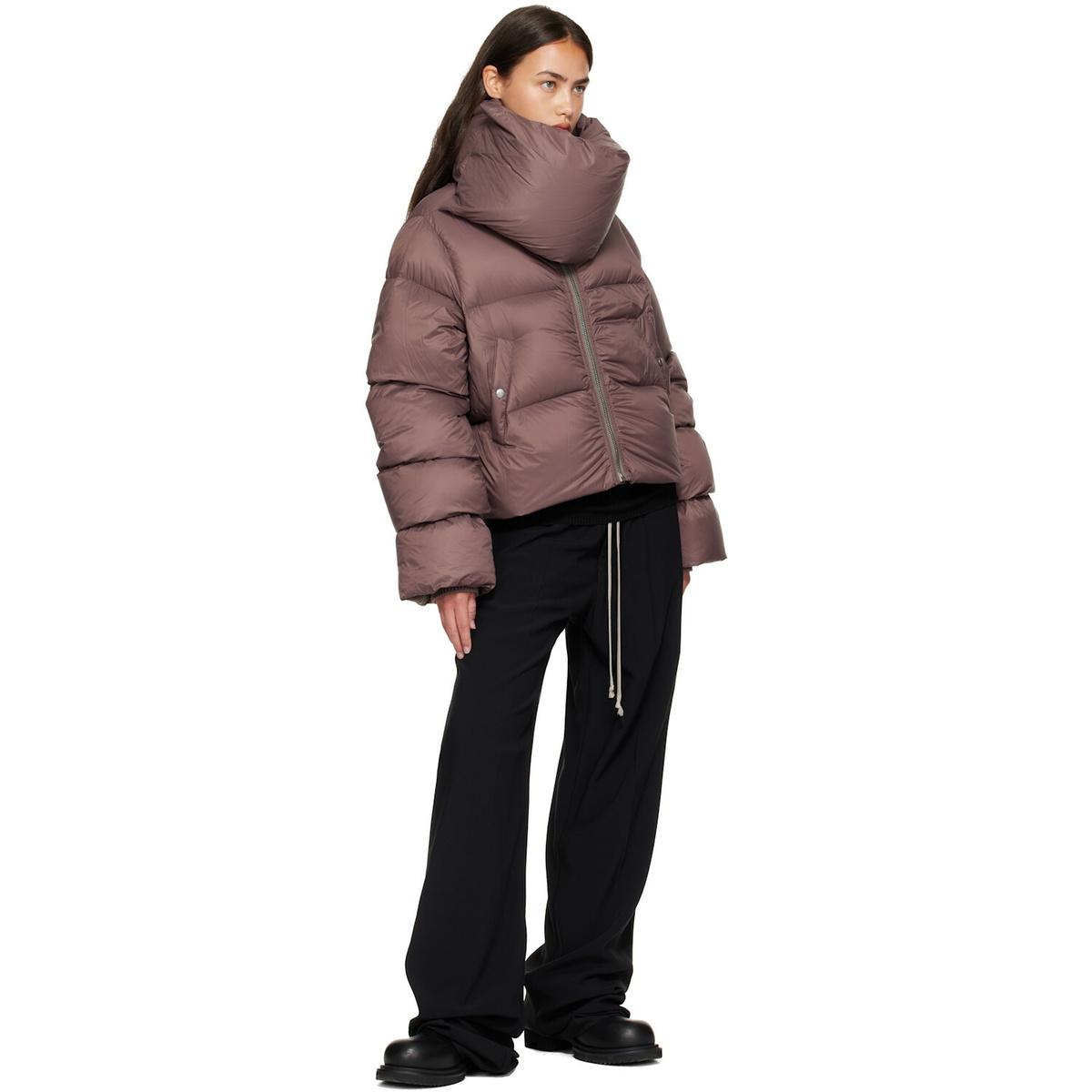Rick Owens Burgundy Tower Funnel Neck Down Jacket