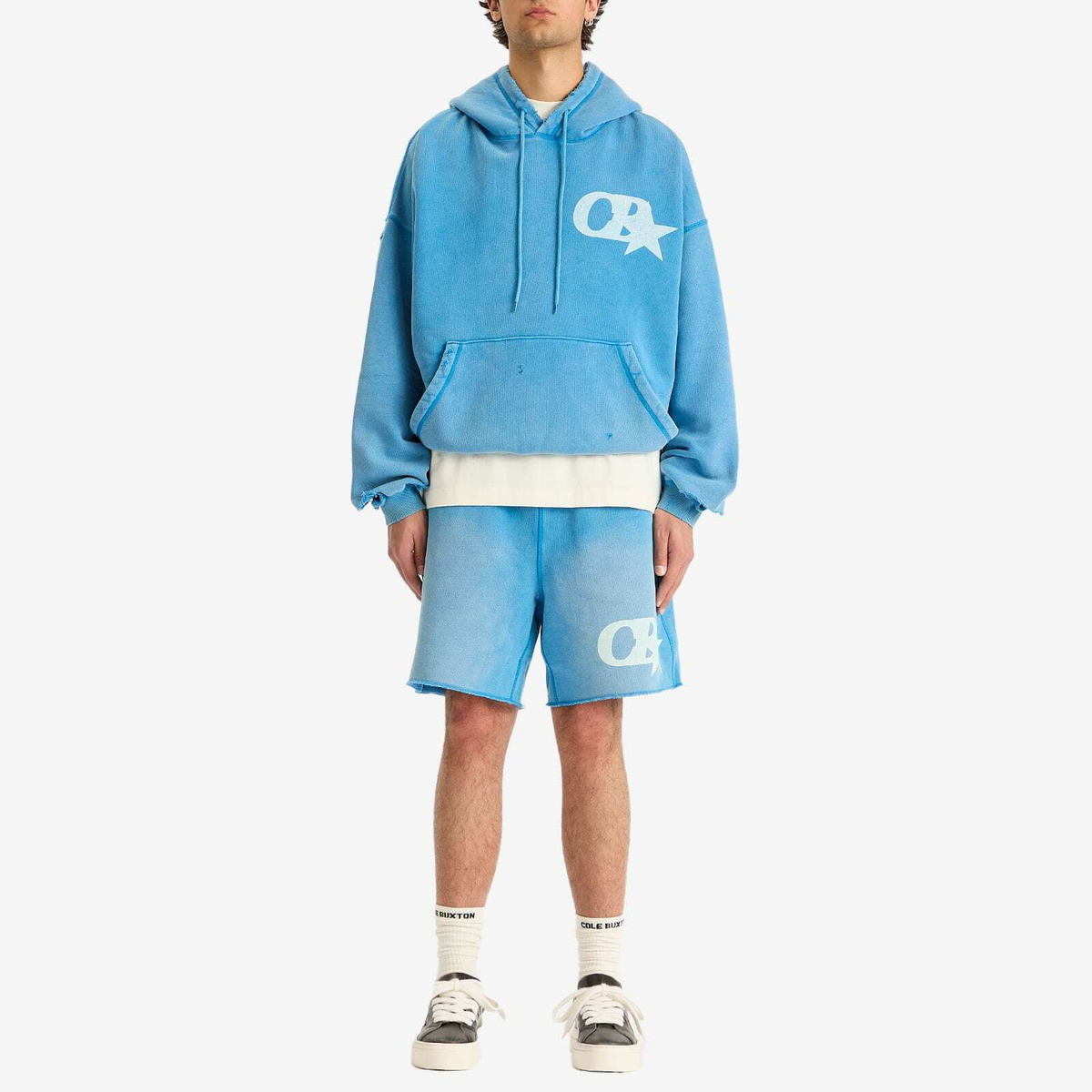 Cole Buxton Men's CB Star Distressed Pocket Hoodie in Washed Blue