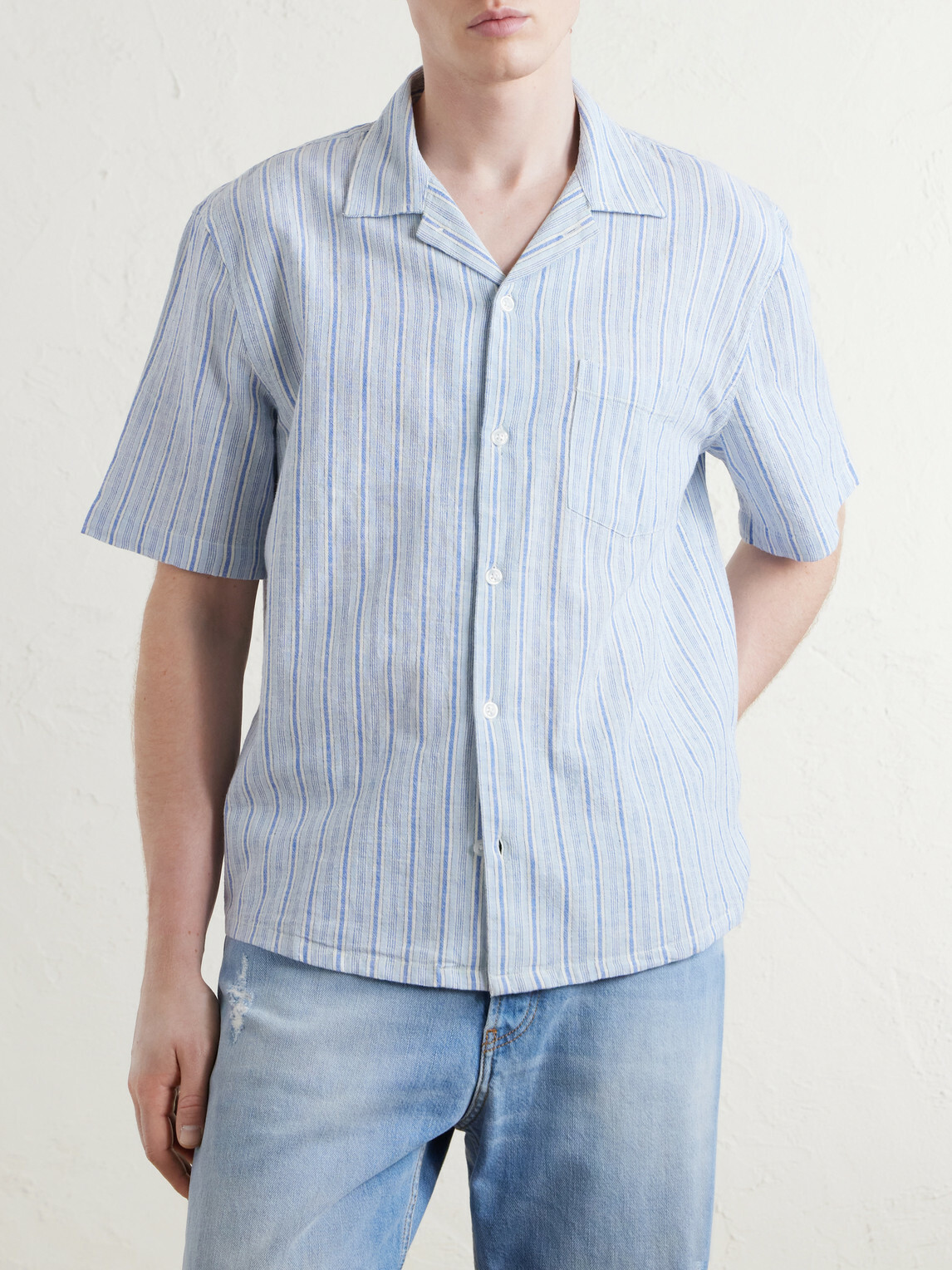 Corridor - Convertible-Collar Striped Cotton and Linen-Blend Shirt - Blue