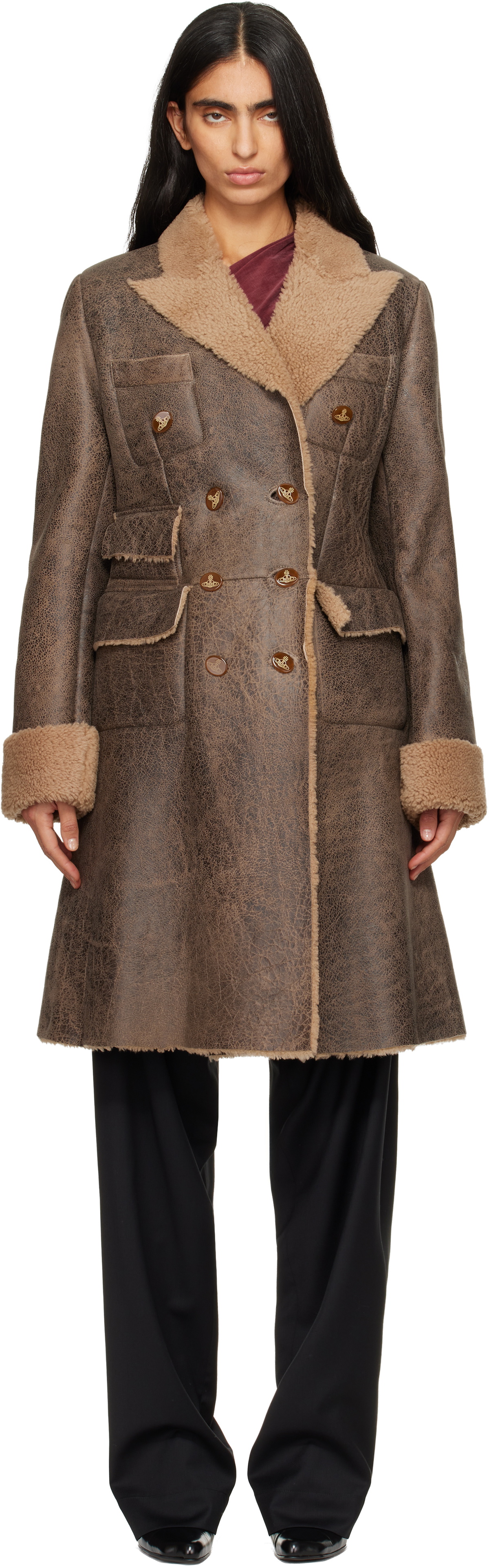 Vivienne Westwood Brown Waisted Db Shearling Coat Vivienne Westwood