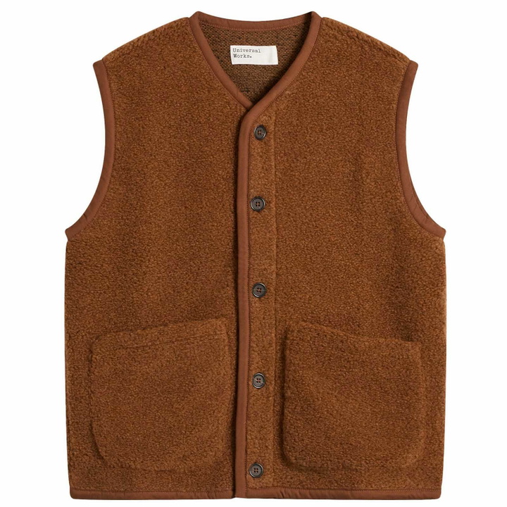 Photo: Universal Works Men's Alvar Fleece Lancaster Gilet in Cumin