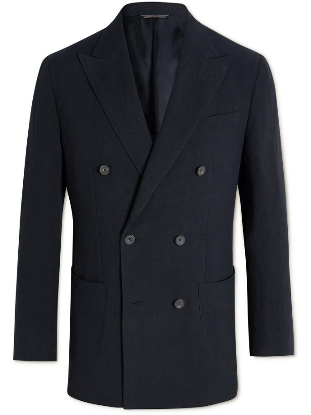 Photo: THOM SWEENEY - Unstructured Double-Breasted Linen Blazer - Blue