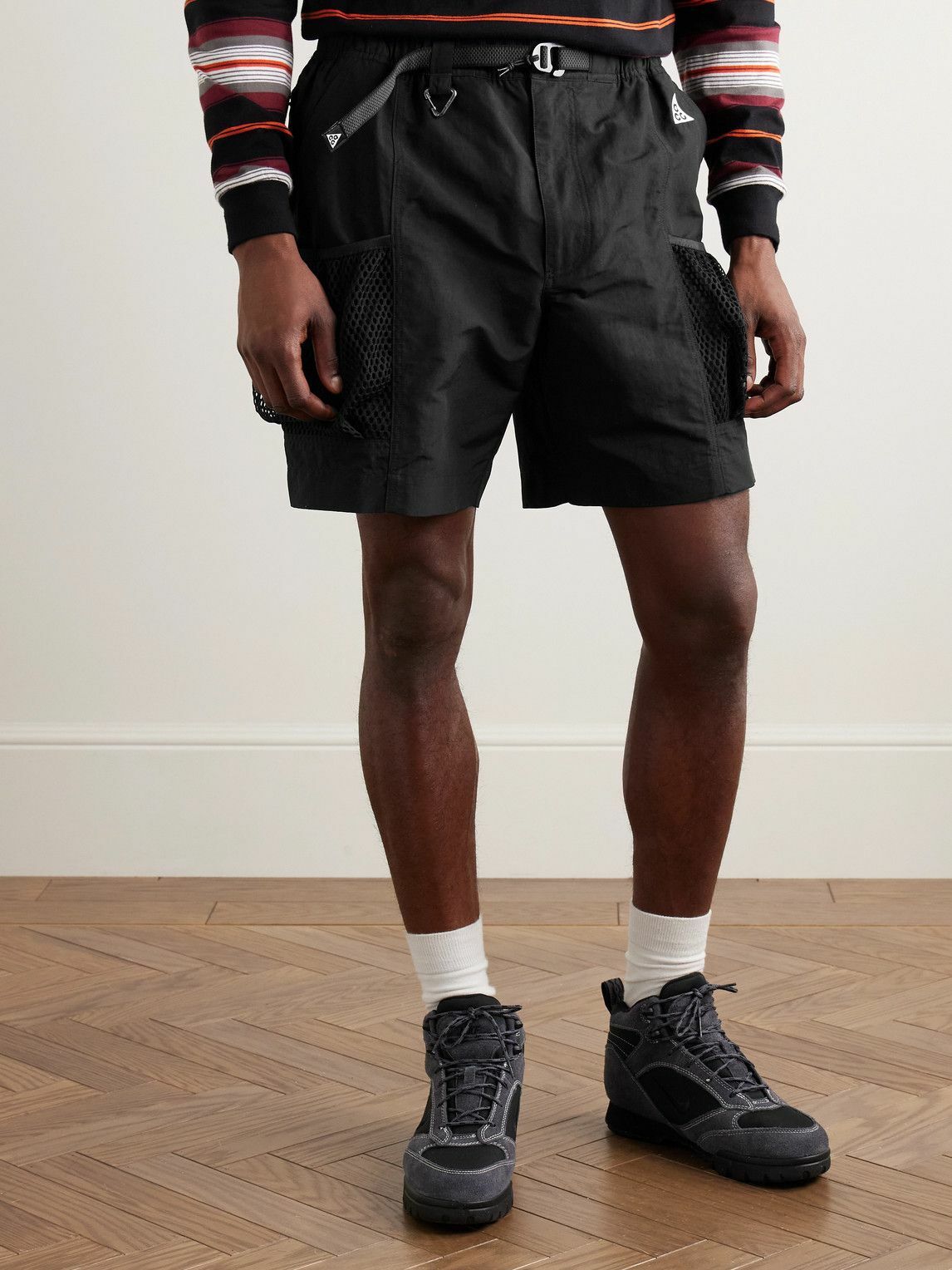 Nike - ACG Snowgrass Straight-Leg Mesh-Trimmed Belted Nylon Shorts - Black