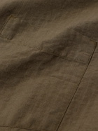 Mr P. - Grandad-Collar Organic Cotton and Linen-Blend Seersucker Shirt - Green
