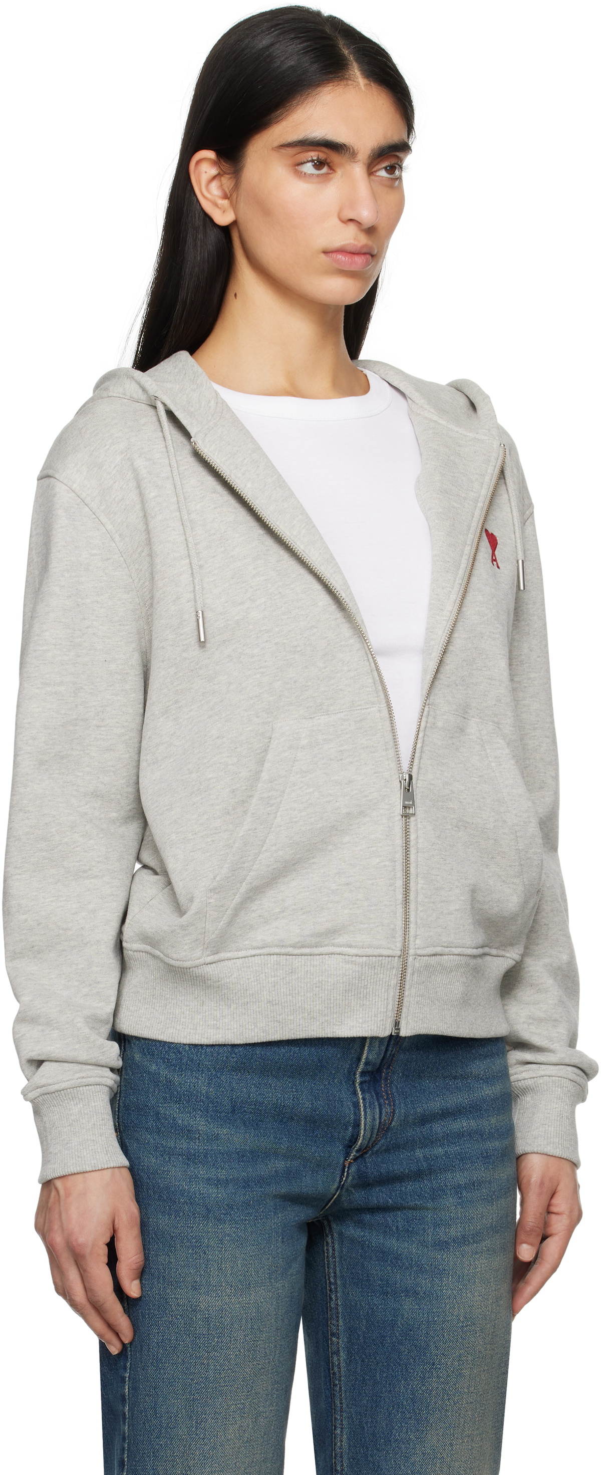 AMI Paris Gray Cotton Ami de Coeur Zipped Hoodie