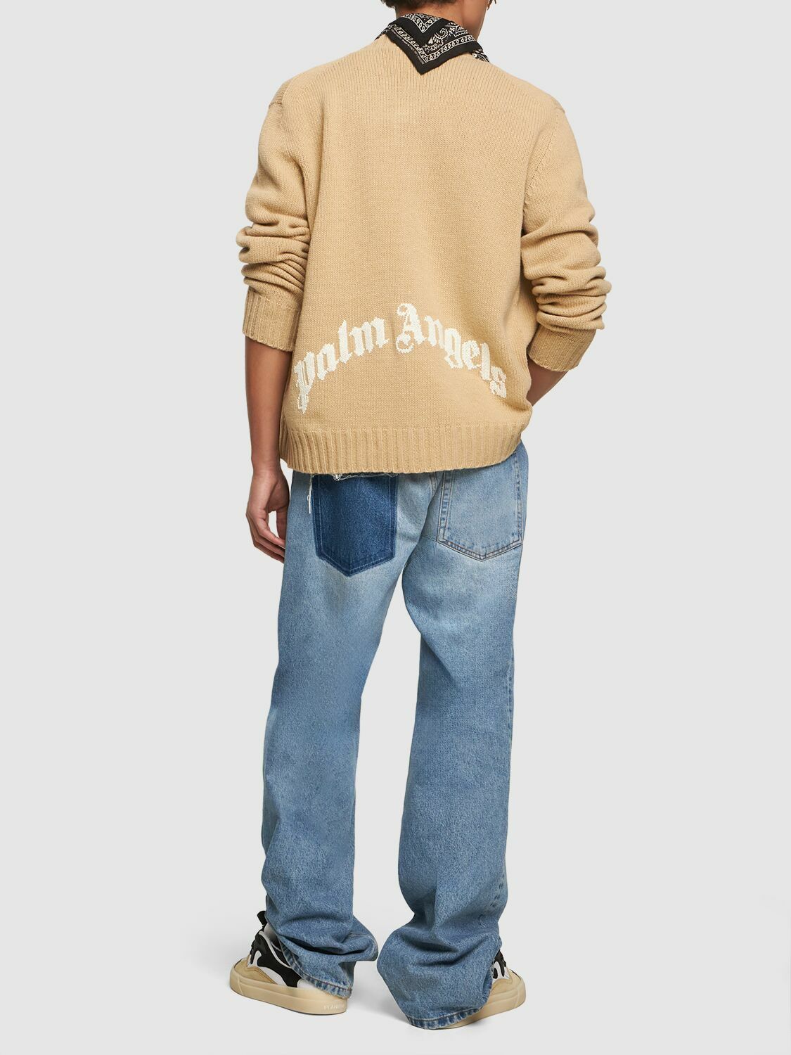 PALM ANGELS - Curved Logo Wool Blend Cardigan
