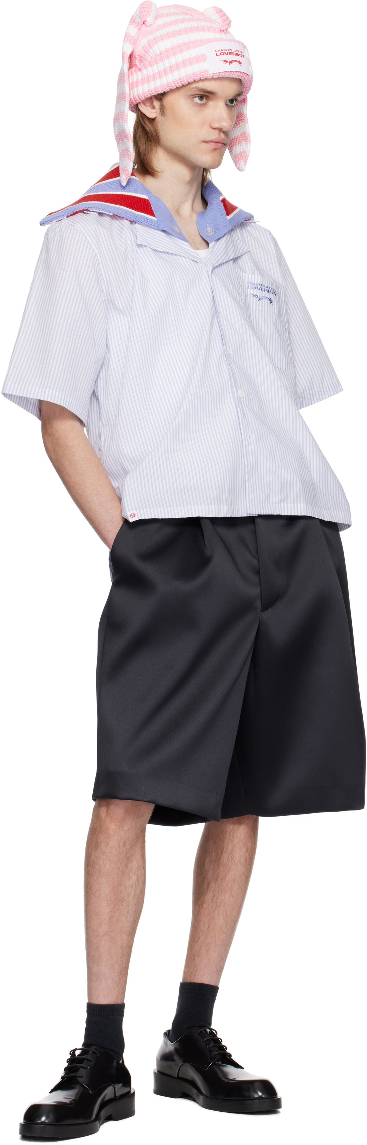 Charles Jeffrey LOVERBOY White & Blue Knit Collar Shirt Charles