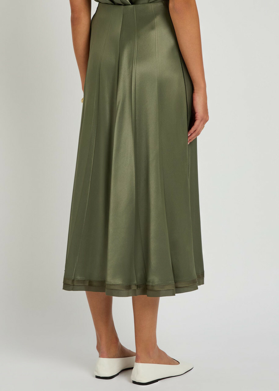 Vince Pleated Satin Midi Skirt Khaki