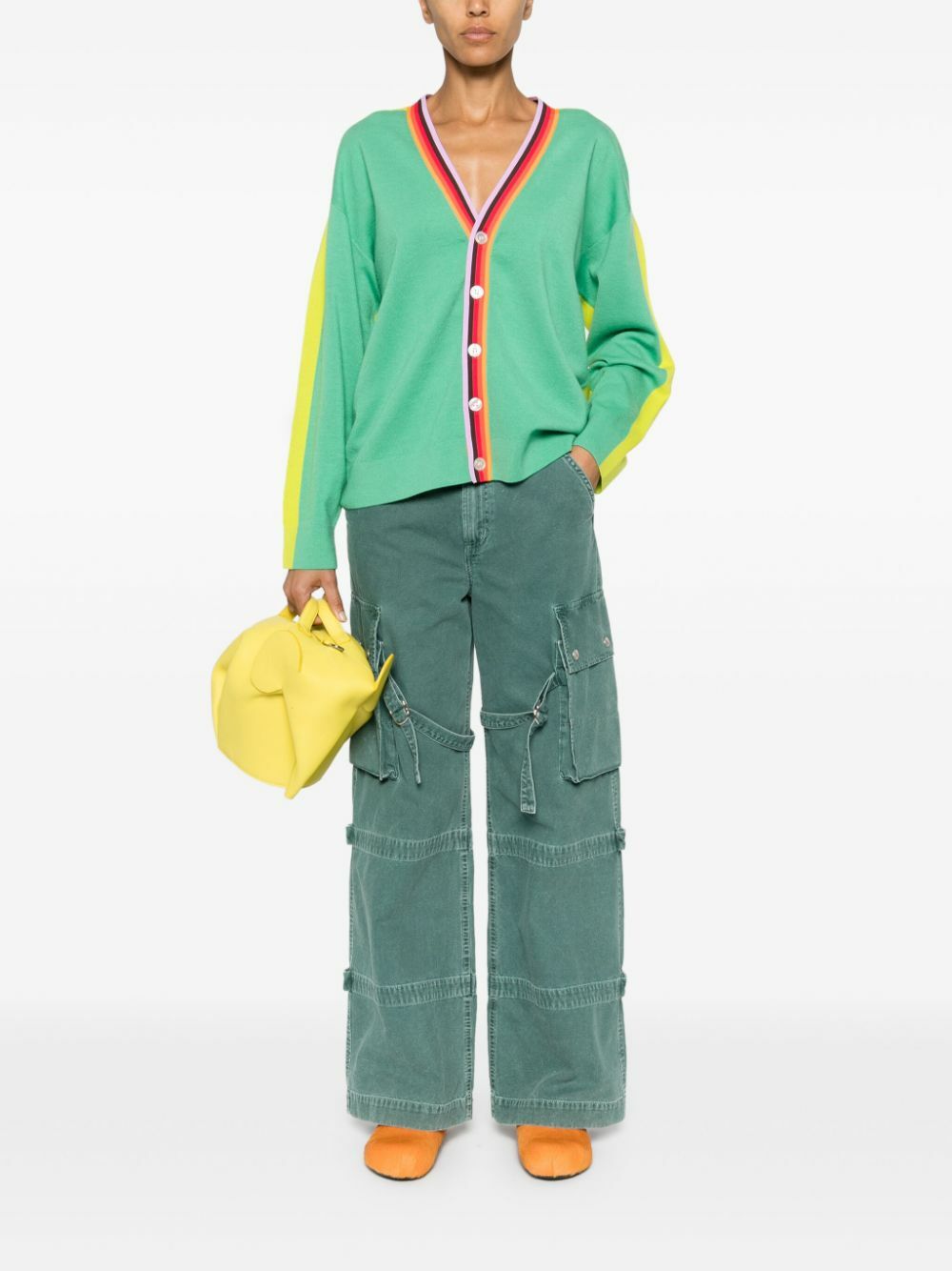Christopher John Rogers Green Stripe-Trim Wool Cardigan