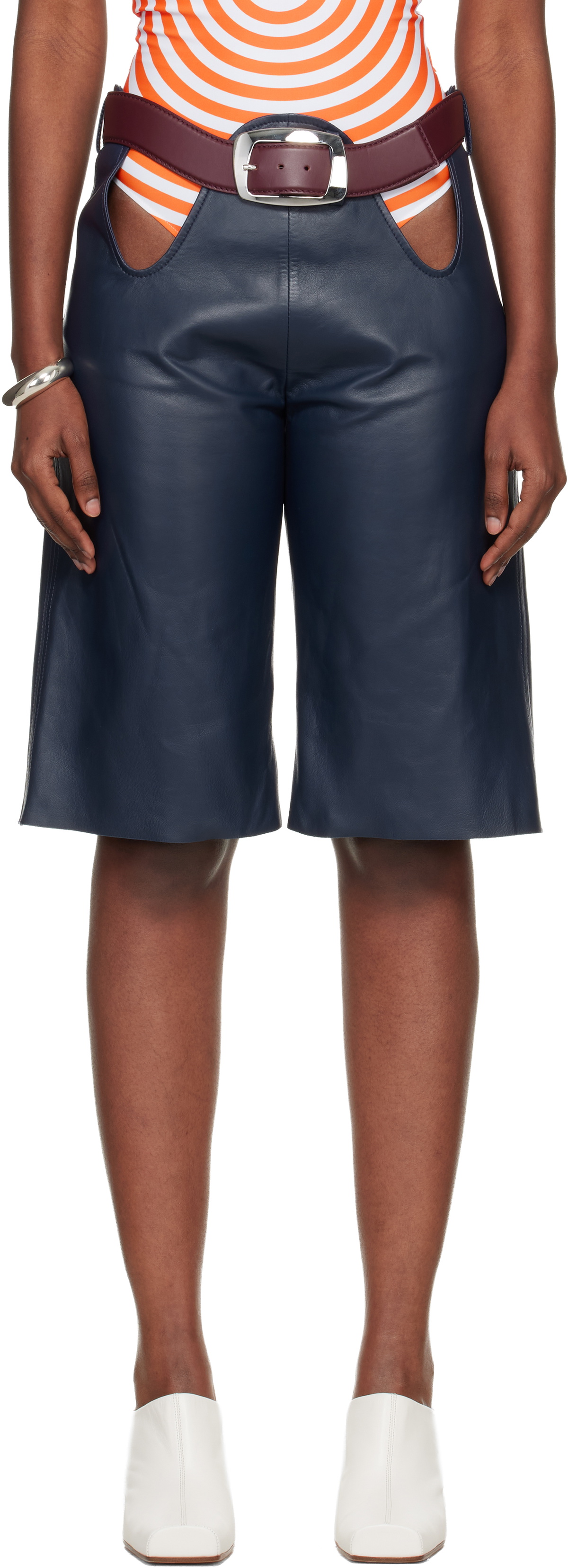 Jean Paul Gaultier Navy 'The Cut-Out Bermuda' Leather Shorts