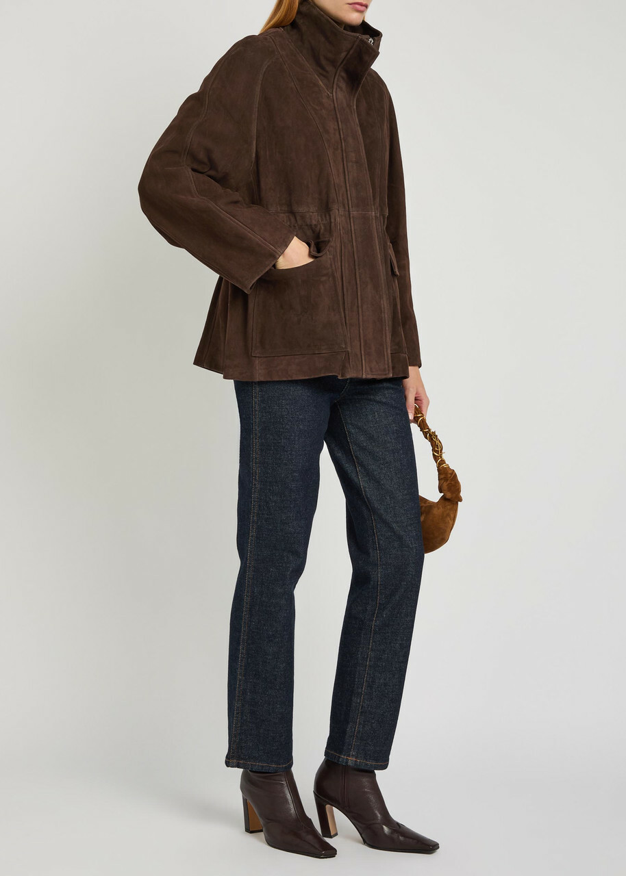 Nour Hammour Quai Funnel-neck Suede Jacket Dark Brown