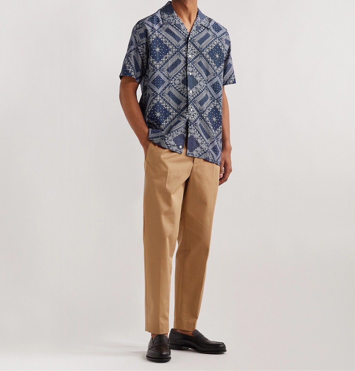 Beams F - Camp-Collar Bandana-Print Voile Shirt - Blue