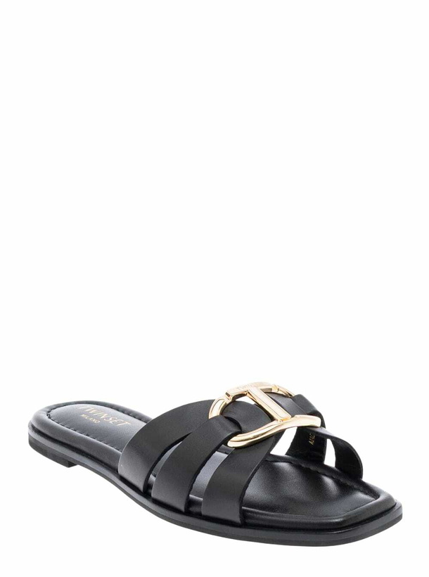 Photo: TwinSet Black Sandals With Crisscross Strap And Metallic Oval T On The Front In Leather Woman