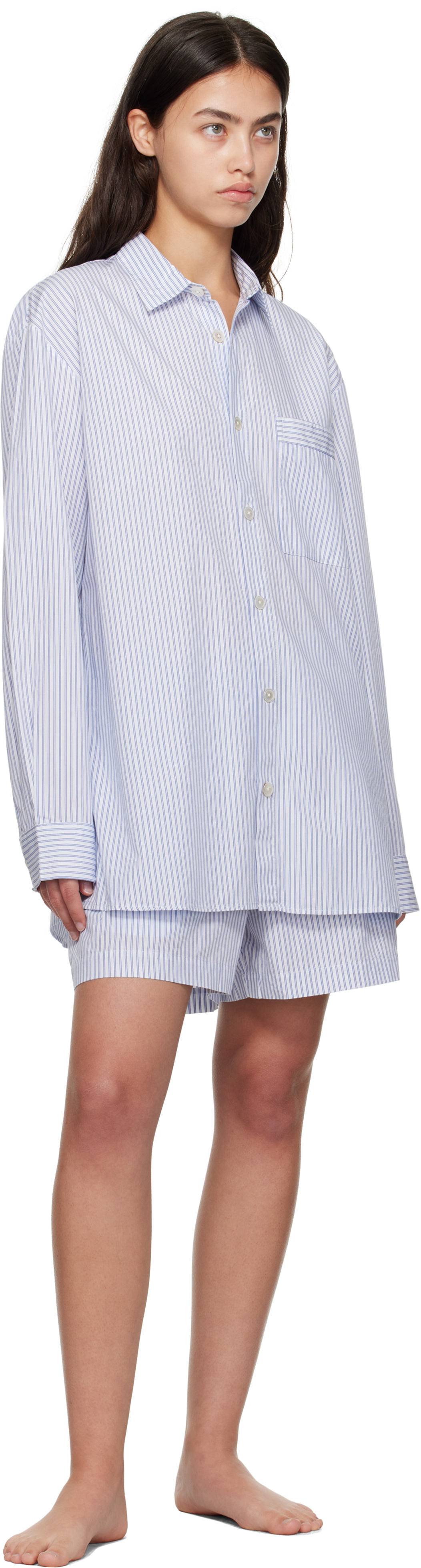 Tekla White & Blue Poplin Pyjama Shorts