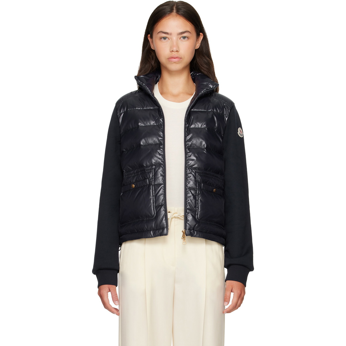 Moncler Navy Zip Up Cotton Fleece Down Cardigan