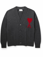 AMI PARIS - Logo-Intarsia Merino Wool Cardigan - Gray