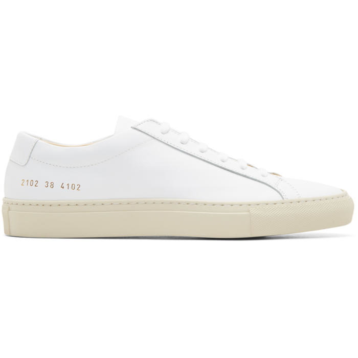Photo: Common Projects White and Beige Achilles Low Colored Sole Sneakers