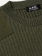 A.P.C. - Canvas-Trimmed Ribbed Wool Sweater - Green