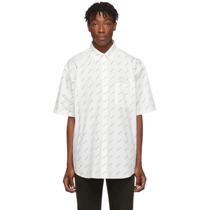 Photo: Balenciaga White and Black Allover Logo Short Sleeve Shirt
