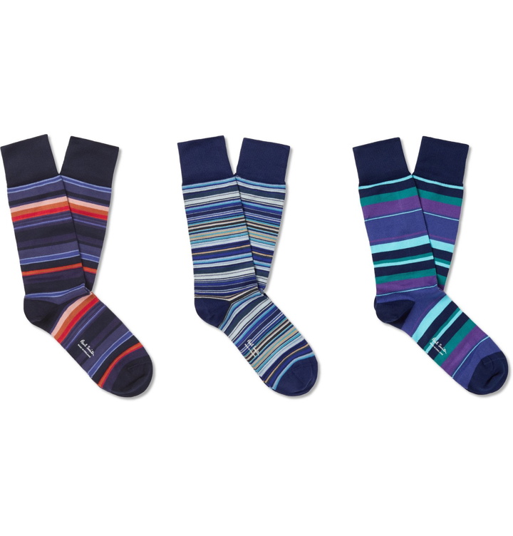 Photo: Paul Smith - Three-Pack Striped Stretch-Cotton Blend Socks - Multi