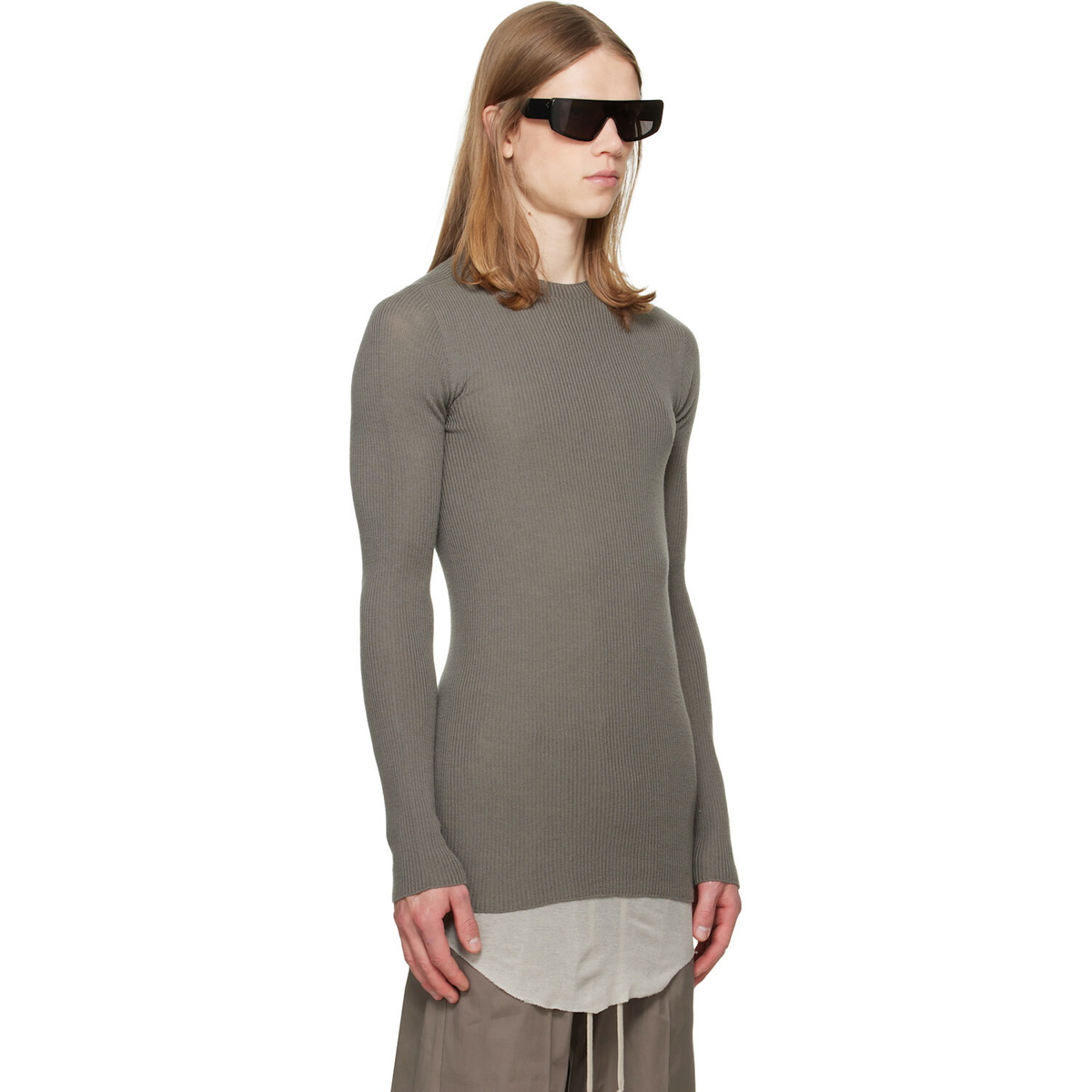 Rick Owens Gray Tower Ribbed Round Neck Sweater